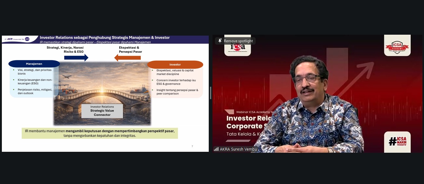 <p><strong>Kamis, 22 Januari 2026 </strong>- Di tengah dinamika pasar modal yang semakin menuntut transparansi dan akuntabilitas tinggi, peran <i>Corporate Secretary</i> kini semakin meluas melampaui kepatuhan administratif. Menyadari hal tersebut, Indonesia Corporate Secretary Association (ICSA) mengadakan <i>webinar non-regulatory</i> bertajuk " Investor Relations bagi Corporate Secretary : Tata Kelola &amp; Kepercayaan Investor" pada Kamis, (15/1).</p><p>Acara ini menghadirkan praktisi senior di bidangnya, Director and Corporate Secretary PT AKR Corporindo Tbk Suresh Vembu. Beliau membagikan wawasan mendalam mengenai bagaimana fungsi Investor Relations (IR) menjadi mesin utama dalam menjaga keberlangsungan nilai perusahaan jangka panjang.</p><p>Melalui kegiatan ini, diharapkan para <i>Corporate Secretary</i> di Indonesia semakin siap menghadapi tuntutan pasar modal yang terus bertransformasi.</p><br>
                  