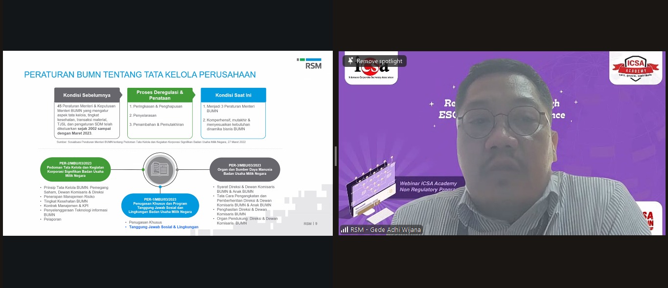 <p><strong>Senin, 10 November 2025</strong> – Dalam menghadapi tantangan persaingan peringkat tata kelola perusahaaan di kawasan ASEAN, Indonesia Corporate Secretary Association (ICSA) mengadakan <i>webinar</i> bertajuk “<i>From Compliance to Confidence: Redefining ACGS through ESG and Digital Governance</i>,” Jumat, (7/11). Webinar ini mengupas tentang ASEAN <i>Corporate Governance Scorecard</i> (ACGS) yang di antaranya memiliki permintaan pemenuhan terkait aspek keberlanjutan dan pengungkapan tata kelola perusahaan secara digital.</p><p>Governance Risk Control Consulting Partner RSM Indonesia Gede Adhi Wijana yang merupakan narasumber <i>webinar</i> ini menegaskan bahwa perolehan skor ACGS yang tinggi memerlukan pengungkapan yang komprehensif dari perusahaan.</p><p>"Perusahaan tidak bisa lagi hanya berpegangan pada kepatuhan aturan (<i>compliance</i>). ACGS yang dibobot dengan aspek <i>Environment, Social, Governance</i> (ESG) dan didukung oleh digital governance akan mentransformasi perusahaan menjadi entitas yang kredibel, yang pada akhirnya membangun kepercayaan dari seluruh pemangku kepentingan," ucap Gede.</p><p><i>Webinar</i> ini diharapkan dapat memperkuat peran <i>Corporate Secretary </i>untuk memastikan bahwa poin-poin ACGS diterapkan oleh perusahaan dan diungkapkan pada <i>Annual Report</i>,<i> Sustainability Report</i>, dan/atau <i>website</i> perusahaan. Melalui pengungkapan ACGS yang baik, skor Indonesia di regional ASEAN pun dapat meningkat.</p><p>ICSA berkomitmen untuk terus membekali anggotanya agar mampu memperkuat tata kelola perusahaan yang baik, sehingga menjadikan perusahaan Indonesia sebagai yang terdepan dalam hal <i>Good Corporate Governance</i> (GCG) di ASEAN.</p><br>
                  