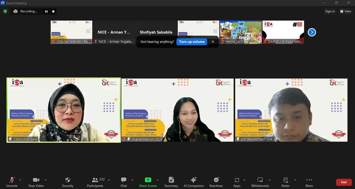 Jumat, 16 Agustus 2024 – Indonesia Corporate Secretary Association (ICSA) bekerjasama dengan Otoritas Jasa Keuangan (OJK) mengadakan webinar regulatory "Pendalaman POJK No. 42/POJK.04/2020 tentang Transaksi Afiliasi dan Transaksi Benturan Kepentingan & POJK No. 17/POJK.04/2020 tentang Transaksi Material dan Perubahan Kegiatan Usaha", Kamis, (15/8).

Webinar tersebut disambut antusias oleh lebih dari 240 peserta yang hadir. Dimoderatori oleh Anggota Bidang Edukasi ICSA Alia Dewi dan materi disampaikan oleh Pengawas Senior Deputi Direktur Pengawasan Emiten dan Perusahaan Publik 2.1 OJK Gracia Maniur Christina dan Pengawas Deputi Direktur Pengawasan Emiten dan Perusahaan Publik 2.2 OJK Arif Ramadhan.

Dengan diadakannya webinar ini, diharapkan peserta yang hadir dapat semakin memahami kepatuhan terkait transaksi afiliasi dan transaksi benturan kepentingan, serta transaksi material dan perubahan kegiatan usaha.<br>
                  