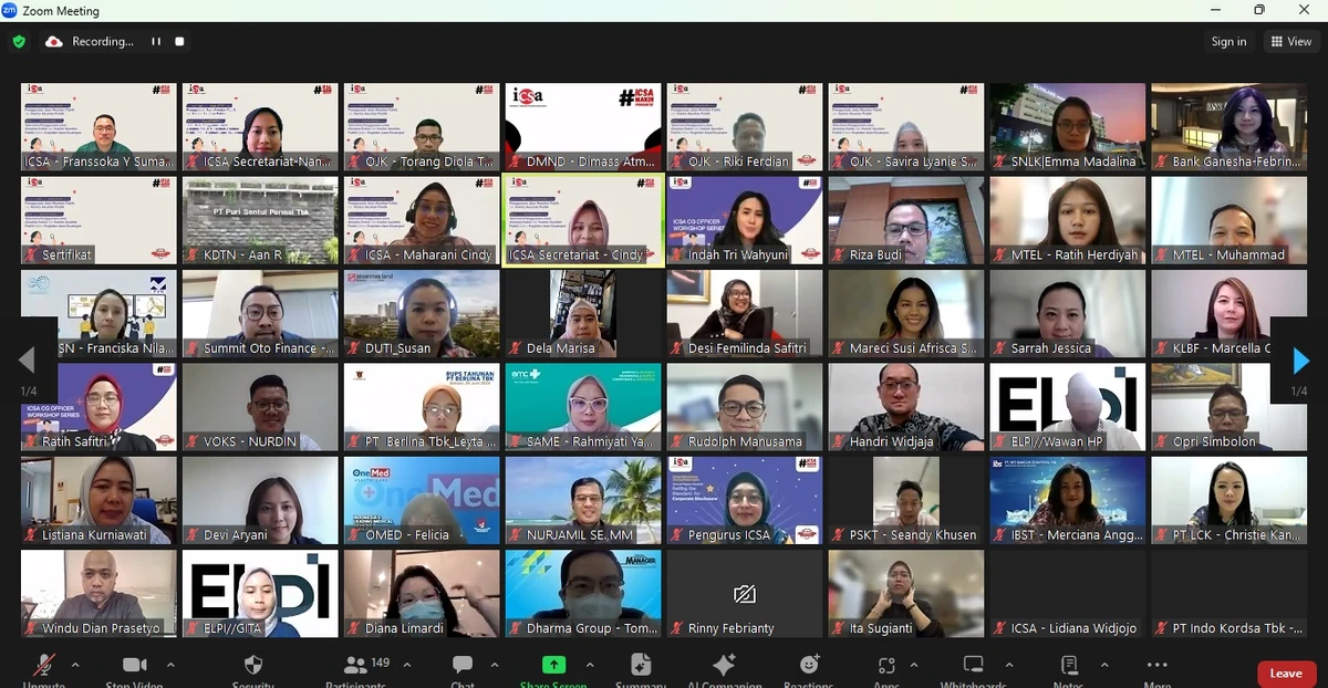 Jumat, 21 Juni 2024 – Sebagai salah satu bentuk konsistensi kerja sama dengan Otoritas Jasa Keuangan (OJK), Indonesia Corporate Secretary Association (ICSA) mengadakan webinar regulatory "Pendalaman POJK Nomor 9/POJK.03/2023 tentang Penggunaan Jasa Akuntan Publik dan Kantor Akuntan Publik serta SEOJK Nomor 18/SEOJK.03/2023 tentang Tata Cara Penggunaan Jasa Akuntan Publik dan Kantor Akuntan Publik Dalam Kegiatan Jasa Keuangan", Kamis, (20/6).

Webinar yang dihadiri lebih dari 150 peserta tersebut, dimoderatori oleh Anggota Bidang Kerjasama dan Kelembagaan Franssoka Y. Sumarwi dengan penyampaian materi oleh Analis Eksekutif Pengaturan Prudensial dan Integritas Sistem Keuangan OJK Riki Ferdian, Analis Pengaturan Prudensial dan Integritas Sistem Keuangan OJK Torang Diola Tambunan, dan Analis Junior Pengaturan Prudensial dan Integritas Sistem Keuangan OJK Savira Lyanie Syaqia.

Dengan diadakannya webinar ini, diharapkan peserta yang hadir dapat memahami dan menerapkan ketentuan mengenai penggunaan jasa Akuntan Publik dan Kantor Akuntan Publik di perusahaannya masing-masing dengan baik.<br>
                  