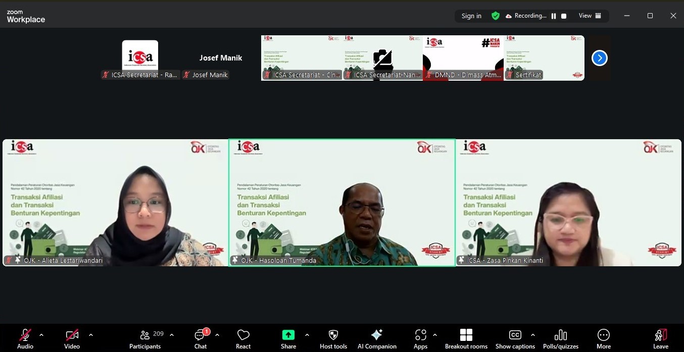 <p><strong>Jumat, 26 Desember 2025</strong> – Indonesia Corporate Secretary Association (ICSA) kembali menyelenggarakan webinar dengan tema “Pendalaman Peraturan Otoritas Jasa Keuangan Nomor 42 Tahun 2020 tentang Transaksi Afiliasi dan Transaksi Benturan Kepentingan” pada Selasa, (2/12). Webinar ini menghadirkan dua narasumber, yaitu Hasoloan Tumanda Uli Hutajulu Analis Senior Direktorat Pengaturan dan Standar Akuntansi Pasar Modal Otoritas Jasa Keuangan (OJK) dan Manajer Senior Direktorat Pengaturan dan Standar Akuntansi Pasar Modal OJK Alieta Lestariwandari.</p><p>Dalam sesi pemaparan, narasumber menjelaskan tentang substansi POJK 42/2020 yang bertujuan untuk meningkatkan kualitas keterbukaan informasi dan tata kelola perusahaan terbuka. Pembahasan dan tanya jawab mencakup prosedur identifikasi transaksi afiliasi, kriteria transaksi yang mengandung benturan kepentingan, perlindungan bagi pemegang saham independen, serta pengecualian yang diatur dalam POJK 42/2020.</p><p>Melalui webinar ini, ICSA menegaskan komitmennya untuk menjadi jembatan antara regulator dan praktisi, guna memperkuat penerapan prinsip tata kelola perusahaan yang baik (good corporate governance).</p><br>
                  