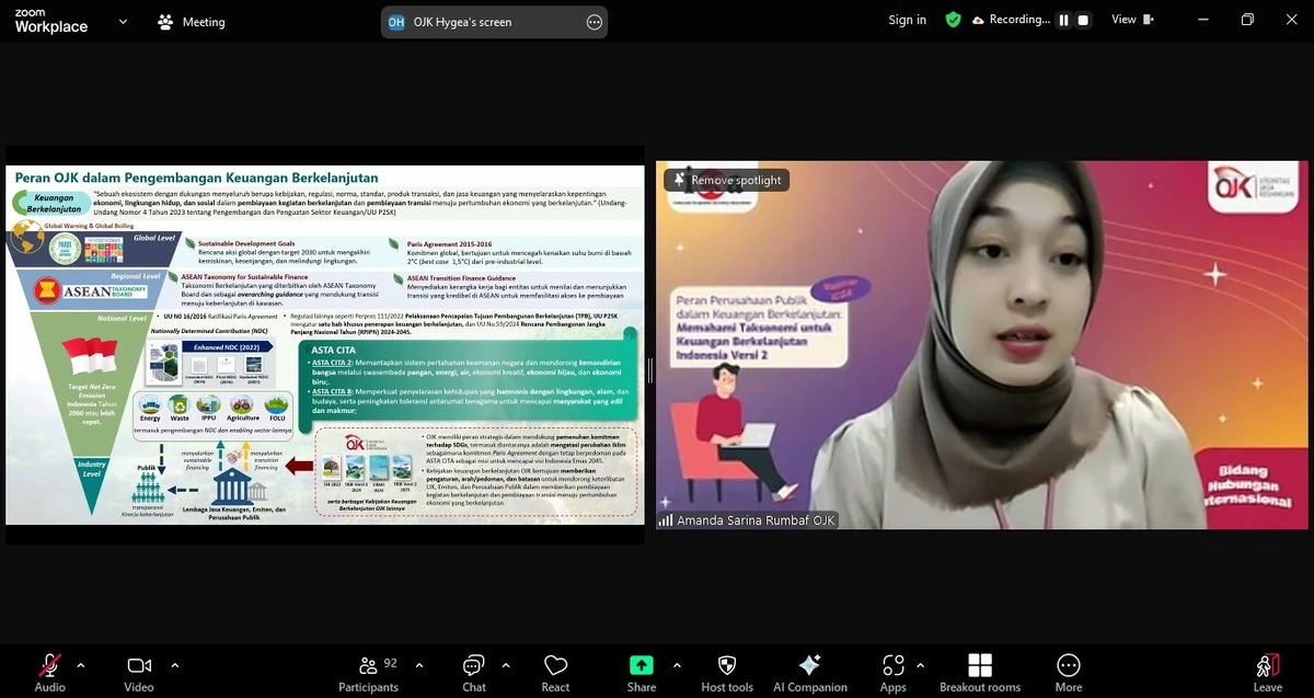 Kamis, 13 Maret 2025 - Indonesia Corporate Secretary Association (ICSA) mengadakan webinar dengan tema "Peran Perusahaan Publik dalam Keuangan Berkelanjutan: Memahami Taksonomi untuk Keuangan Berkelanjutan Indonesia (TKBI) Versi 2", Kamis, (13/3). Webinar tersebut dihadiri oleh lebih dari 100 peserta dan mengundang Kepala Subbagian Departemen Surveillance dan Kebijakan Sektor Jasa Keuangan Terintegrasi Otoritas Jasa Keuangan (OJK) Amanda Sarina Rumbaf sebagai narasumber.

Dalam webinar, narasumber memaparkan cara mengidentifikasi tantangan dan peluang dalam penerapan keuangan berkelanjutan di pasar modal Indonesia dan menjelaskan peran corporate secretary dalam implementasi TKBI, termasuk pelaporan keberlanjutan dan pengelolaan komunikasi dengan investor serta regulator. Narasumber juga memberikan panduan praktis bagi perusahaan publik dalam memenuhi standar keuangan berkelanjutan dan menarik investasi berbasis ESG (Environmental, Social, Governance).

Dengan diadakannya webinar ini, diharapkan peserta yang hadir dapat memahami TKBI Versi 2 dan implikasinya bagi perusahaan publik untuk meningkatkan daya saing dan kepercayaan investor.<br>
                  