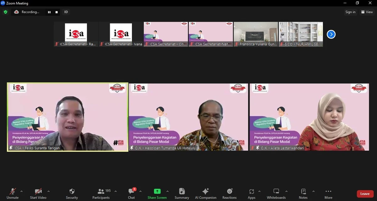 Jumat, 20 September 2024 – Indonesia Corporate Secretary Association (ICSA) mengadakan webinar regulatory "Pendalaman POJK No. 3/POJK.04/2021 tentang Penyelenggaraan Kegiatan di Bidang Pasar Modal", Kamis, (19/9). Sebanyak lebih dari 190 peserta hadir dalam webinar.

Materi webinar ini disampaikan oleh Analis Senior Direktorat Pengaturan dan Standar Akuntansi Pasar Modal Otoritas Jasa Keuangan (OJK) Hasoloan Tumanda Uli Hutajulu dan Analis Direktorat Pengaturan dan Standar Akuntansi Pasar Modal OJK Alieta Lestariwandari.

ICSA berharap, webinar ini dapat memberikan pemahaman mendalam tentang ketentuan dalam POJK 3/2021 kepada peserta yang hadir.<br>
                  