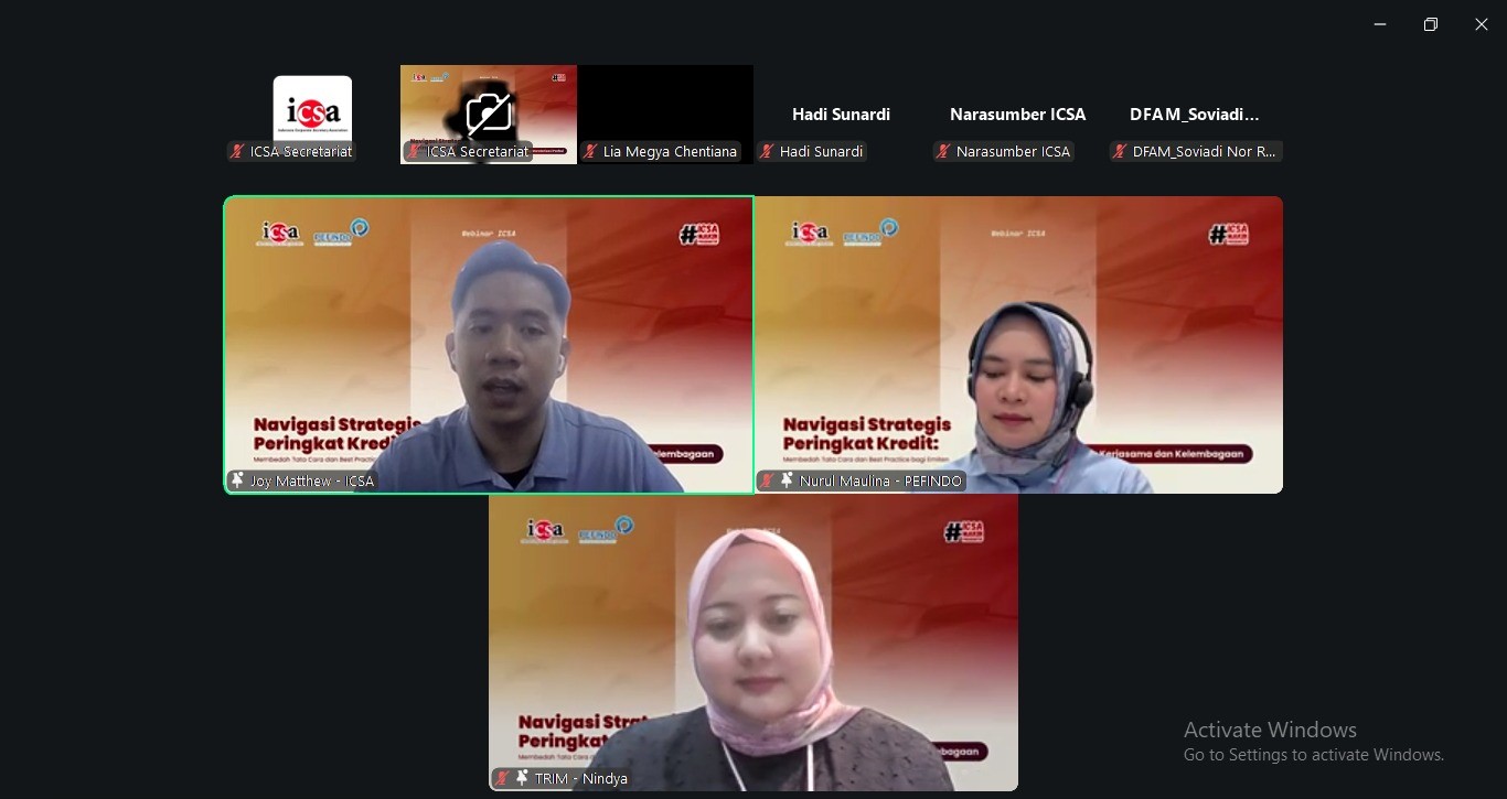 <p>Bagi perusahaan yang membutuhkan pendanaan dari masyarakat, peringkat kredit menjadi indikator fundamental bagi investor dalam mengukur risiko investasi. Menyadari krusialnya hal tersebut, Indonesia Corporate Secretary Association (ICSA) mengadakan <i>webinar</i> berjudul "Navigasi Strategis Peringkat Kredit: Membedah Tata Cara dan <i>Best Practice</i> bagi Emiten," Rabu (6/5).</p><p>Pembahasan <i>webinar</i> menekankan bahwa dalam proses pemeringkatan kredit, <i>Corporate Secretary</i> turut berperan memastikan kualitas informasi, efektivitas komunikasi, dan transparansi data yang disampaikan kepada lembaga pemeringkat. Oleh karena itu, pemahaman mengenai alur proses, metodologi pemeringkatan, serta praktik-praktik terbaik menjadi kunci untuk mendukung kelancaran pemeringkatan sekaligus memperkuat kepercayaan pasar terhadap emiten.</p><p><i>Webinar </i>ini menghadirkan dua pakar yang kompeten di bidangnya, yaitu Head of Marketing &amp; Business Development PT Pemeringkat Efek Indonesia (PEFINDO) Nurul Maulina, dan Corporate Secretary PT Trimegah Sekuritas Indonesia Tbk Nindya Kumala Dewi. Para narasumber secara komprehensif membedah mekanisme evaluasi kelayakan kredit perusahaan, kriteria penting yang dinilai oleh lembaga pemeringkat, hingga strategi <i>Corporate Secretary</i> dalam mengelola relasi dan keterbukaan informasi yang berdampak pada raihan peringkat.</p><p>ICSA secara konsisten mewujudkan komitmennya untuk terus meningkatkan kapasitas dan kapabilitas para anggotanya. Dengan pembekalan wawasan teknis dan strategis terkait pemeringkatan kredit ini, diharapkan peserta yang hadir mampu memfasilitasi proses pemeringkatan yang profesional, transparan, dan akuntabel di perusahaan masing-masing kelancaran aksi korporasi perusahaan.</p><br>
                  