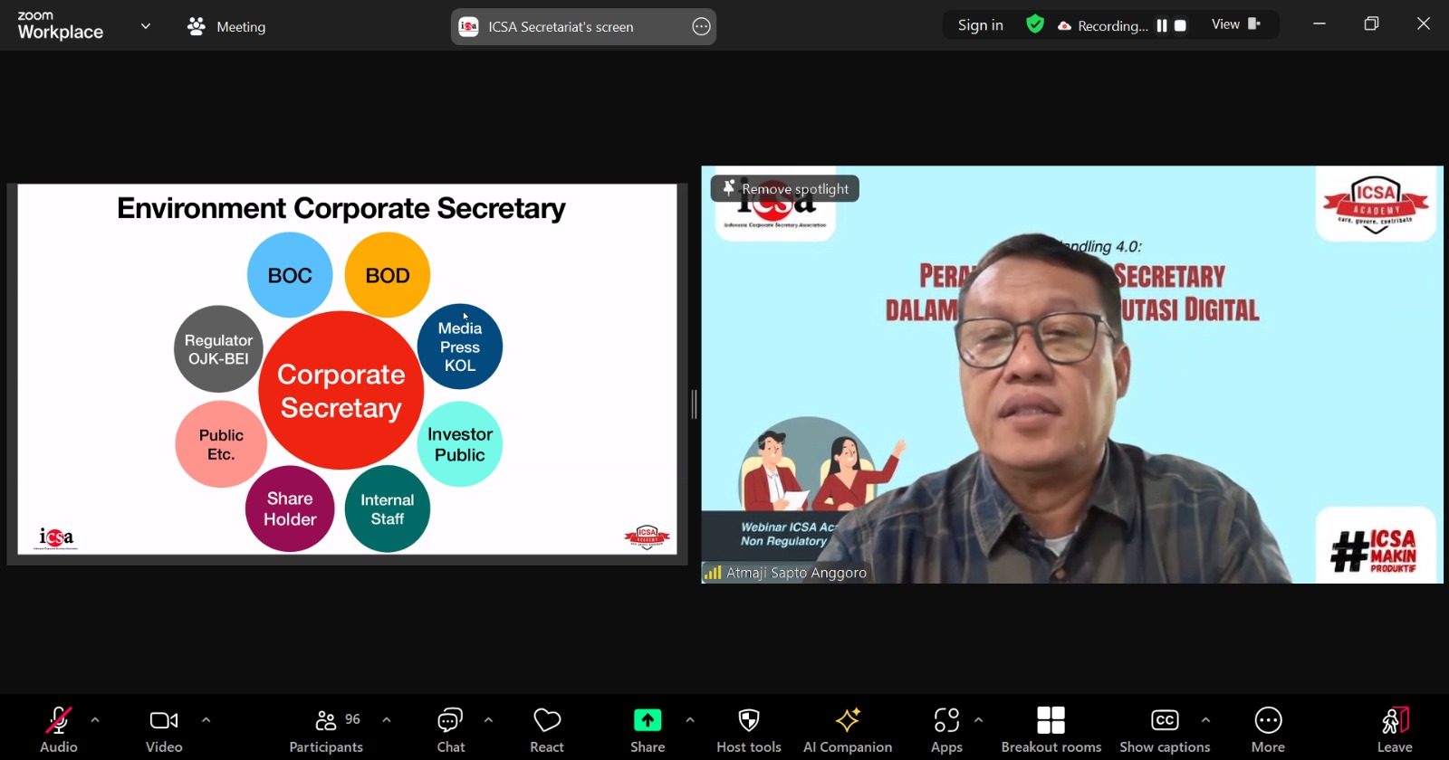 <p><strong>Senin, 22 November 2025</strong> – Transformasi digital termasuk teknologi <i>Artificial Intelligence</i> (AI) telah mengubah lanskap komunikasi korporasi. Untuk menghadapi tantangan di era digital ini, Indonesia Corporate Secretary Association (ICSA) mengadakan <i>webinar non-regulatory</i> “<i>Media Handling</i> 4.0: Peran <i>Corporate Secretary</i> dalam Era AI dan Reputasi Digital,” Kamis (20/11).</p><p><i>Webinar</i> ini menghadirkan narasumber ahli yang merupakan Anggota Dewan Pers (2022-2025), Co-Founder tirto.id, merdeka.com, dan PANDI Atmaji Sapto Anggoro.</p><p>Sapto menekankan bahwa kecepatan penyebaran informasi di era digital memiliki potensi disinformasi berbasis AI. Hal ini menuntut <i>Corporate Secretary</i> untuk dapat meningkatkan kemampuan dan menjadi pemegang kendali atas AI.</p><p>Melalui <i>webinar</i> ini, ICSA menunjukkan komitmennya untuk memastikan para <i>Corporate Secretary</i> di Indonesia tidak hanya memahami regulasi, tetapi juga mahir dalam memanfaatkan teknologi AI untuk mengelola komunikasi dan menjalankan <i>media handling</i> 4.0, sehingga dapat meningkatkan reputasi digital perusahaan.</p><br>
                  