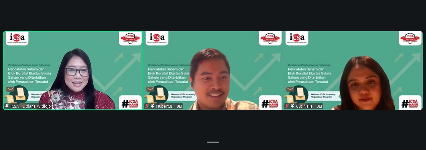 <p><strong>Selasa, 30 Desember 2025</strong> – Indonesia Corporate Secretary Association (ICSA) kembali menyelenggarakan <i>webinar</i> untuk memberikan pemahaman mendalam mengenai regulasi pasar modal. <i>Webinar </i>yang bertajuk “Pendalaman Peraturan Nomor I-A tentang Pencatatan Saham dan Efek Bersifat Ekuitas Selain Saham yang Diterbitkan oleh Perusahaan Tercatat” ini dilaksanakan pada Selasa, (9/12).</p><p>Acara ini menghadirkan dua narasumber, yaitu Evaluasi dan Pemantauan Perusahaan Tercatat 2 - Divisi Penilaian Perusahaan Bursa Efek Indonesia (BEI) Cut Naila Febrininta dan Evaluasi dan Pemantauan Perusahaan Tercatat 3 - Divisi Penilaian Perusahaan 2 BEI Hubertus Nugroho Addo Wibowo.</p><p>Dalam pemaparannya, para narasumber mengupas tuntas poin-poin krusial dalam Peraturan I-A, yang merupakan landasan utama bagi perusahaan tercatat dalam hal pencatatan saham maupun efek bersifat ekuitas lainnya. Diskusi mencakup persyaratan pencatatan, kewajiban pelaporan, hingga aspek pemantauan yang dilakukan oleh BEI guna memastikan transparansi dan perlindungan investor di pasar modal.</p><p>Melalui penyelenggaraan <i>webinar</i> ini, ICSA kembali menegaskan perannya sebagai wadah edukasi strategis yang menjembatani regulator dan pelaku pasar. Dengan literasi regulasi yang kuat, diharapkan para anggota ICSA dapat menjalankan fungsinya secara profesional sehingga mendukung ekosistem pasar modal Indonesia yang semakin sehat dan berintegritas.</p><br>
                  