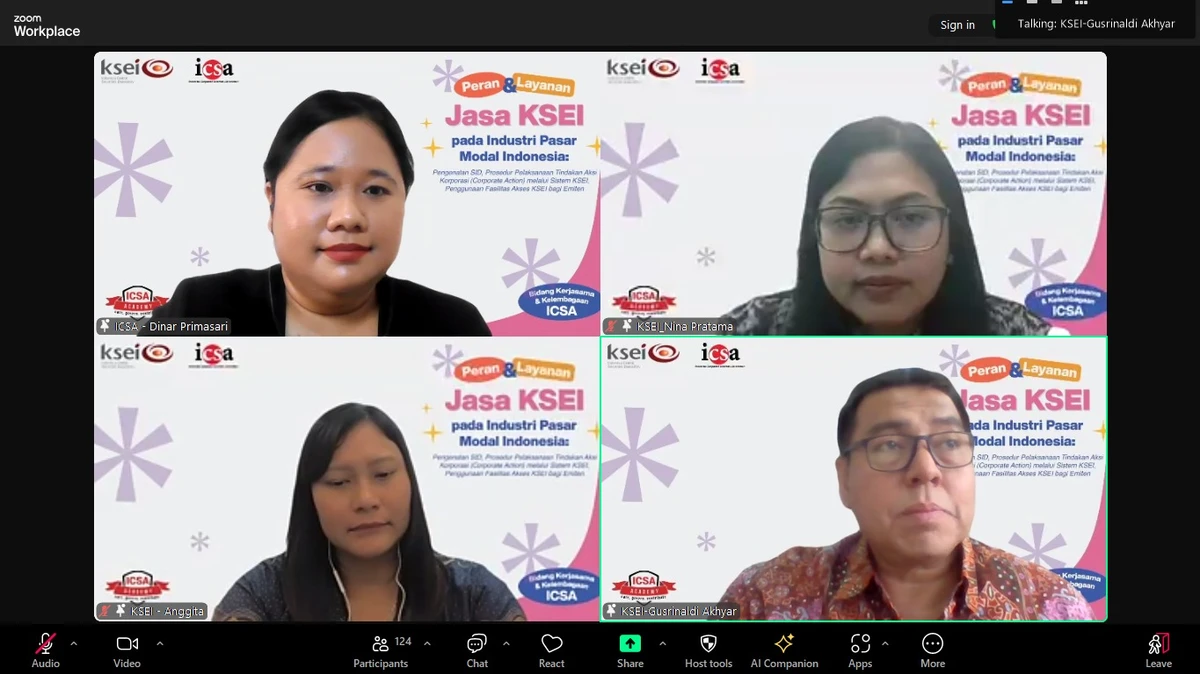 Jumat, 30 Agustus 2024 - Kustodian Sentral Efek Indonesia (KSEI) memainkan peran penting sebagai lembaga penyimpanan dan penyelesaian efek dalam mendukung industri pasar modal Indonesia. Dengan berbagai layanan yang ditawarkan, KSEI tidak hanya berfungsi sebagai lembaga penyimpanan dan penyelesaian efek, tetapi juga sebagai fasilitator dalam berbagai aksi korporasi dan layanan informasi penting yang mendukung kelancaran transaksi efek. 

Penggunaan sistem layanan informasi berbasis digital yang ditawarkan oleh KSEI sangat penting bagi para pelaku pasar modal, termasuk emiten, investor, dan pemangku kepentingan lainnya, sehingga perlu adanya pemahaman yang mendalam mengenai peran dan jasa layanan KSEI. Berangkat dari hal tersebut, pada Senin (26/8), Indonesia Corporate Secretary Indonesia (ICSA) mengadakan webinar dengan tema "Peran dan Layanan Jasa KSEI pada Industri Pasar Modal Indonesia: Pengenalan SID, Prosedur Pelaksanaan Tindakan Aksi Korporasi melalui Sistem KSEI, Penggunaan Fasilitas Akses KSEI bagi Emiten" yang dihadiri oleh 120 peserta. Paparan mengenai peran dan jasa layanan KSEI pun disampaikan secara komprehensif oleh Kepala Unit Pengelolaan Efek PT Kustodian Sentral Efek Indonesia AM. Anggita Maharani dan Kepala Unit Tindakan Korporasi PT Kustodian Sentral Efek Indonesia Nina Pratama.   

Melalui webinar ini, diharapkan dapat memberikan wawasan yang berharga mengenai peran KSEI dalam industri pasar modal Indonesia, serta memperkuat pemahaman peserta tentang pentingnya SID, prosedur pelaksanaan aksi korporasi, dan penggunaan fasilitas Akses KSEI bagi emiten. Dengan demikian, emiten dan pelaku pasar modal lainnya dapat memanfaatkan layanan KSEI secara optimal untuk meningkatkan efisiensi dan transparansi dalam operasional mereka.

Sampai jumpa di kegiatan ICSA selanjutnya!<br>
                  