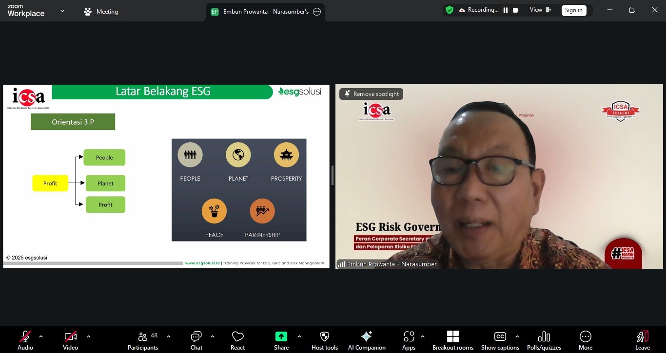 <p><strong>Jumat, 6 Maret 2026</strong> – Melihat pentingnya manajemen risiko dalam pengungkapan kinerja<i> Environment, Social, Governance</i> (ESG) perusahaan, Indonesia Corporate Secretary Association (ICSA) mengadakan <i>webinar</i> berjudul "<i>ESG Risk Governance</i>: Peran Corporate Secretary dalam Tata Kelola dan Pelaporan Risiko ESG," Jumat (6/3).</p><p><i>Webinar </i>ini menghadirkan praktisi dan akademisi manajemen risiko sekaligus penulis buku "<i>Digital GRC</i> Terintegrasi" Dr. Embun Prowanta, MM, CRP, CIB, CSA, CertSF, sebagai narasumber.</p><p>Dalam paparannya, Embun menggarisbawahi peran strategis <i>Corporate Secretary</i> sebagai jembatan koordinasi lintas fungsi untuk memastikan risiko ESG terkelola di seluruh lini organisasi, sekaligus memperkuat tata kelola guna merespons dinamika regulasi yang berkembang. Beliau juga menekankan pentingnya mendorong kualitas pelaporan risiko ESG yang transparan sesuai standar internasional serta melakukan mitigasi risiko reputasi, mengingat kegagalan pengelolaan isu keberlanjutan dapat berdampak langsung pada akses pendanaan dan kepercayaan investor.</p><p>Melalui <i>webinar</i> ini, ICSA terus berkomitmen menjadi garda terdepan dalam mendukung profesionalisme Corporate Secretary di Indonesia, khususnya dalam menghadapi tantangan tata kelola perusahaan yang semakin kompleks.</p><br>
                  
