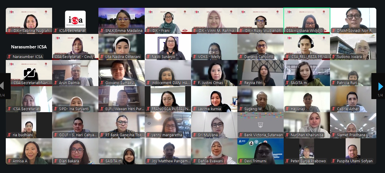 <p><strong>Selasa, 28 April 2026 –</strong> Indonesia Corporate Secretary Association (ICSA) menyelenggarakan webinar dengan topik “Redefinisi <i>Free Float</i> dan Ketentuan XBRL <i>Reporting</i>: Implikasi Praktis Bagi Emiten,” Selasa (28/4). <i>Webinar</i> ini diselenggarakan untuk memberikan <i>update</i> mengenai isu terkini kepada para <i>Corporate Secretary</i>.</p><p><i>Webinar </i>menghadirkan empat narasumber ahli dari Bursa Efek Indonesia (BEI) yaitu Head of Regulations and Listed Companies Development Stalsa Frani Akmyga, Listing Management System Analyst Rizky Wudiandito Kalba, Capital Market Research Analyst Vinni Maulidina Rahmawati, serta Regulation and Listed Companies Development Analyst Sabrina Nugrahani Salsabila. Narasumber menjelaskan bahwa ketentuan terbaru saham <i>free float</i> bermanfaat untuk meningkatkan likuiditas pasar, sementara pelaporan berbasis XBRL (<i>Extensible Business Reporting Language</i>) bertujuan untuk menyelaraskan standar pelaporan di Indonesia dengan standar pelaporan global.</p><p>Melalui <i>webinar</i> ini, peserta yang hadir diharapkan dapat meningkatkan kepatuhan dan memastikan akurasi pelaporan. Hal ini sejalan dengan komitmen ICSA dalam meningkatkan kompetensi profesional anggotanya dalam menavigasi dinamika pasar modal Indonesia.</p><br>
                  