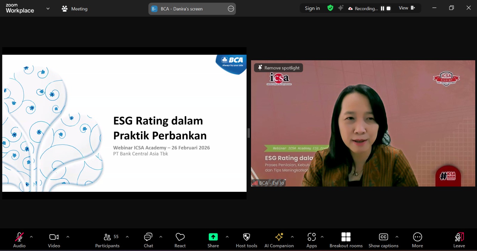 <p><strong>Jumat, 27 Februari 2026</strong> – Di tengah meningkatnya perhatian investor global terhadap keberlanjutan, <i>ESG rating</i> kini menjadi salah satu indikator dalam menilai kualitas tata kelola dan keberlanjutan perusahaan publik. Menanggapi hal tersebut, ICSA melalui ICSA Academy menyelenggarakan <i>webinar</i> berjudul "<i>ESG Rating</i> dalam Praktik: Proses Penilaian, Kebutuhan Data, dan Tips Meningkatkan Skor ESG Emiten" pada Kamis, (26/2).</p><p>Hadir sebagai narasumber, Senior Vice President PT Bank Central Asia Tbk Evi Jo, membagikan wawasannya mengenai praktik meningkatkan skor <i>ESG rating</i> perusahaan. Salah satu poin kunci yang dibahas adalah pentingnya akurasi data. Penilaian <i>ESG rating</i> ini sangat bergantung pada ketersediaan data yang komprehensif dan dapat diverifikasi. Tanpa manajemen data yang baik, potensi keberhasilan perusahaan dalam meningkatkan skor <i>ESG rating</i> akan terhambat.</p><p><i>Webinar</i> ini memberikan panduan praktis bagi para praktisi di pasar modal untuk mulai membenahi pengelolaan ESG pada perusahaannya masing-masing. Dengan pengelolaan yang baik dan data yang kuat, emiten di Indonesia diharapkan dapat meraih skor <i>ESG rating</i> yang optimal, sehingga dapat meningkatkan kepercayaan investor dan mendukung keberlanjutan bisnis di masa depan.</p><br>
                  