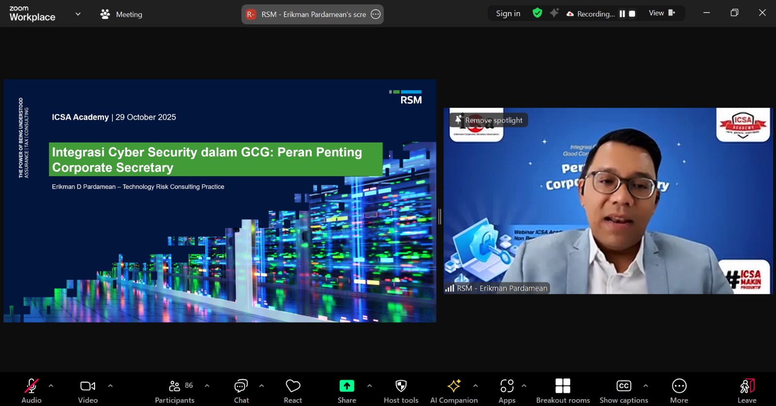 <p><strong>Kamis, 30 Oktober 2025</strong> – Indonesia Corporate Secretary Association (ICSA) mengadakan webinar <i>Non-Regulatory</i> dengan fokus pada isu krusial di era digital, yaitu "Integrasi <i>Cyber Security</i> dalam <i>Good Corporate Governance</i> (GCG): Peran Penting <i>Corporate Secretary</i>," pada Rabu, (29/10). Perlindungan terhadap ancaman siber sebaiknya tidak hanya menjadi tanggung jawab tim IT, melainkan juga perlu diintegrasikan penuh ke dalam kerangka GCG perusahaan.</p><p>Technology Risk Consulting Partner dari RSM Indonesia Erikman Pardamean Sitorus menyoroti bahwa meskipun transformasi digital membawa efisiensi yang signifikan, ini pun secara simultan memunculkan risiko keamanan siber yang dapat mengancam operasional dan reputasi perusahaan.</p><p>"Keamanan informasi adalah pilar fundamental dari integritas data dan kepatuhan perusahaan. Jika data vital terancam, seluruh aspek tata kelola dan kepercayaan investor akan runtuh," jelasnya.</p><p>Melalui webinar ini, ICSA terus berkomitmen untuk membekali anggotanya dengan pengetahuan non-regulasi yang relevan, sehingga <i>Corporate Secretary</i> tidak hanya unggul dalam kepatuhan pasar modal, tetapi juga dapat mendukung perusahaan dalam mengelola risiko keamanan siber dan menjaga reputasi perusahaan di tengah dinamika teknologi.</p><br>
                  