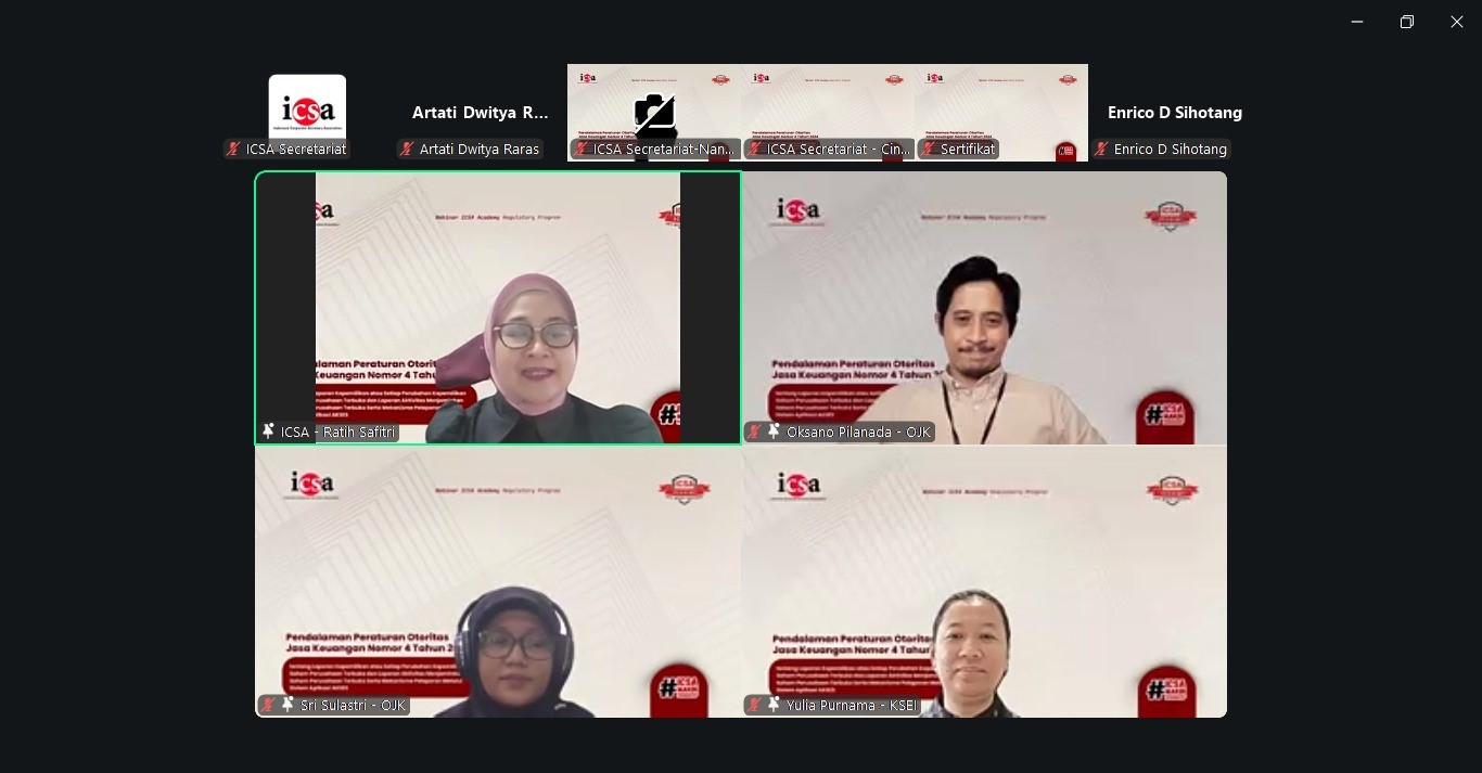 <p><strong>Rabu, 18 Februari 2026</strong> – Indonesia Corporate Secretary Association (ICSA) menyelenggarakan <i>webinar regulatory</i> “Pendalaman Peraturan Otoritas Jasa Keuangan Nomor 4 Tahun 2024 tentang Laporan Kepemilikan atau Setiap Perubahan Kepemilikan Saham Perusahaan Terbuka dan Laporan Aktivitas Menjaminkan Saham Perusahaan Terbuka Serta Mekanisme Pelaporan Melalui Sistem Aplikasi AKSES" pada Rabu, (18/2), guna memperkuat pemahaman sekretaris perusahaan mengenai kewajiban pelaporan kepemilikan saham di pasar modal.</p><p><i>Webinar</i> ini menghadirkan tiga narasumber yaitu Asisten Direktur Pengawas Direktorat Pengawasan Emiten dan Perusahaan Publik 2 Otoritas Jasa Keuangan (OJK) Sri Sulastri, Manajer Pengawas Direktorat Pengawasan Emiten dan Perusahaan Publik 1 OJK Oksano Pilanada, dan Kepala Divisi Jasa Kustodian PT Kustodian Sentral Efek Indonesia (KSEI) Yulia Purnama Sari.</p><p>Pembahasan utama difokuskan pada kewajiban pelaporan kepemilikan atau setiap perubahan kepemilikan saham perusahaan terbuka oleh pemegang saham pengendali, pemegang saham di atas 5%, serta anggota Dewan Komisaris dan Direksi. Selain itu, ada pula pembahasan mengenai kewajiban laporan atas aktivitas menjaminkan saham. Kewajiban pelaporan atas kepemilikan saham dan penjaminan saham ini bertujuan untuk meningkatkan transparansi dan perlindungan bagi seluruh pemangku kepentingan di pasar modal Indonesia.</p><p>Selain aspek regulasi, peserta yang hadir juga dibekali dengan panduan teknis mengenai mekanisme pelaporan melalui sistem aplikasi AKSES KSEI. Narasumber memaparkan bagaimana sistem ini menjadi kanal vital bagi pemegang saham dan emiten untuk memastikan data aktivitas saham tercatat dengan akurat dan sesuai dengan standar terkini yang ditetapkan oleh regulator.</p><p>Melalui <i>webinar</i> ini, ICSA terus berkomitmen menjadi garda terdepan dalam menyediakan platform edukasi bagi sekretaris perusahaan dan profesi pendukungnya. Dengan pemahaman regulasi yang tepat, diharapkan setiap emiten dapat menjalankan fungsi kepatuhan secara optimal demi terciptanya tata kelola perusahaan yang baik (<i>Good Corporate Governance</i>).</p><br>
                  