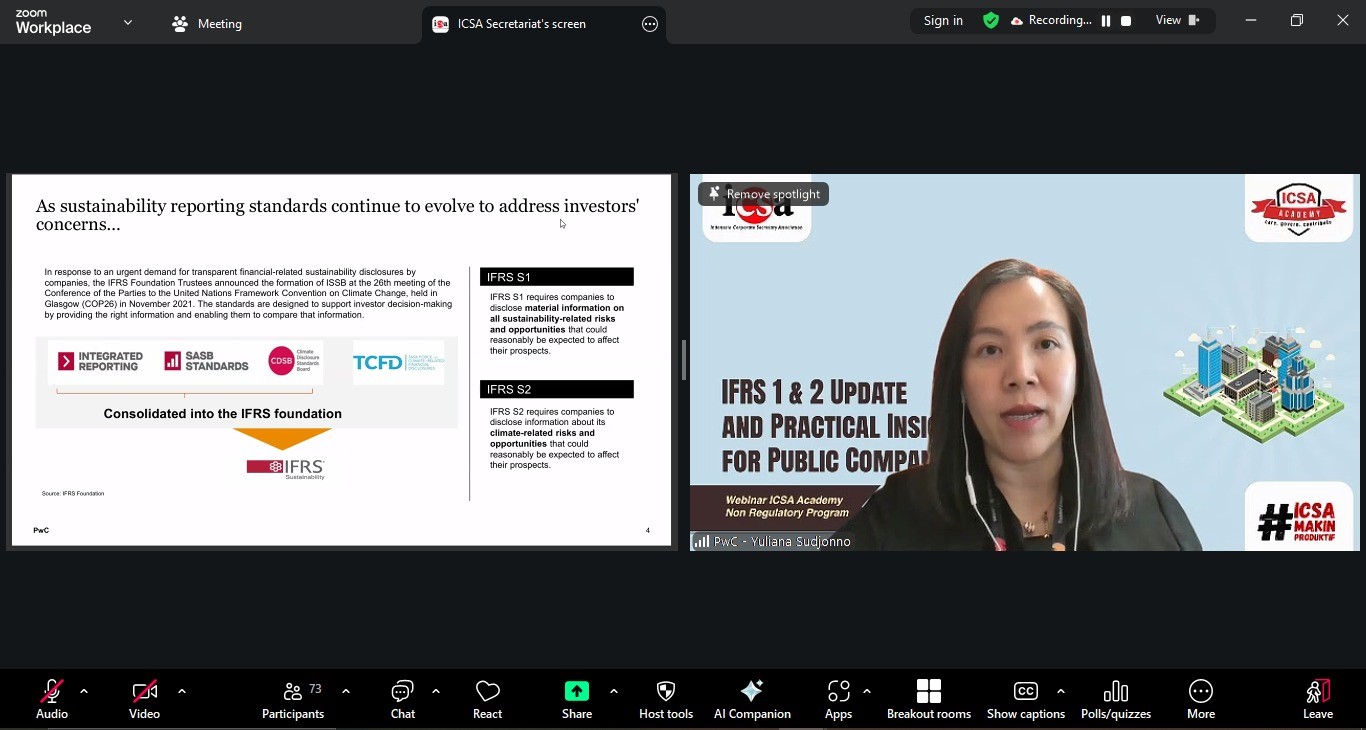 <p><strong>Jumat, 14 November 2025</strong> – Perusahaan publik di Indonesia perlu mempersiapkan diri seiring rencana bertambahnya kewajiban pengungkapan keberlanjutan oleh regulator. Untuk menjawab tantangan tersebut, Indonesia Corporate Secretary Association (ICSA) mengadakan <i>webinar</i> “<i>IFRS 1 &amp; 2 Update and Practical Insights for Public Companies</i>” pada Kamis, (13/11). Dengan pelaksanaan <i>webinar</i> ini, peserta diharapkan dapat mempelajari IFRS S1 dan S2 sebelum update mengenai kewajiban pengungkapan keberlanjutan resmi diberlakukan di Indonesia.</p><p><i>Webinar</i> ini mengundang Sustainability &amp; Risk Assurance Leader PwC Indonesia Yuliana Sudjonno sebagai narasumber. Beliau menegaskan bahwa pemahaman mendalam tentang IFRS adalah kunci bagi <i>Corporate Secretary</i> dan<i> Investor Relations</i> dalam mengkomunikasikan kinerja serta potensi risiko keberlanjutan perusahaan.</p><p>Melalui <i>webinar</i> ini, ICSA memperkuat komitmennya untuk mendukung profesional di pasar modal dengan memastikan anggotanya mampu membangun kredibilitas yang berkelanjutan.</p><br>
                  