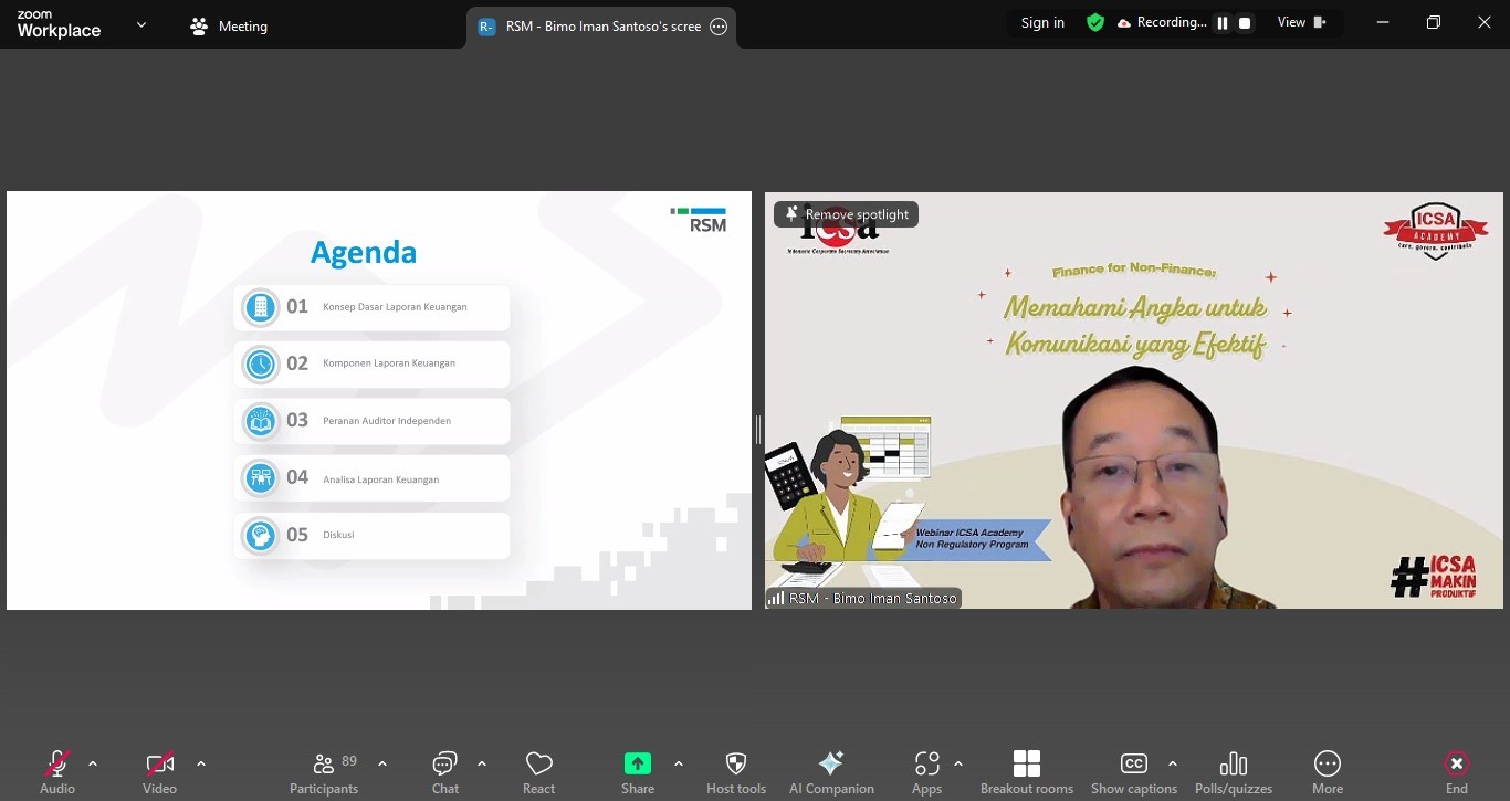 <p><strong>Rabu, 6 Agustus 2025</strong> – Indonesia Corporate Secretary Association (ICSA) menyelenggarakan<i> webinar</i> berjudul "Finance for Non-Finance: Memahami Angka untuk Komunikasi yang Efektif", Selasa, (5/8). Kegiatan ini bertujuan untuk membekali para sekretaris perusahaan dan profesional non-keuangan dengan pemahaman dasar dan praktis terkait laporan keuangan perusahaan.&nbsp;</p><p><i>Webinar</i> ini menghadirkan Partner Audit dari RSM Indonesia Bimo Iman Santoso sebagai narasumber. Dalam sesi ini, Bimo menjelaskan pentingnya kemampuan membaca serta memahami laporan keuangan untuk dapat menjalankan fungsi komunikasi, pelaporan, dan pengambilan keputusan strategis.&nbsp;</p><p>Melalui pendekatan yang aplikatif, peserta <i>webinar</i> diajak untuk mengenali struktur laporan keuangan, menganalisis informasi keuangan secara kritis, serta memahami implikasi angka dalam laporan keuangan terhadap kondisi dan arah bisnis perusahaan. Kemudian, peserta <i>webinar</i> juga dipaparkan tentang penyampaian informasi keuangan secara efektif kepada pihak manajemen, regulator, hingga pemangku kepentingan lainnya.&nbsp;</p><p>Melalui <i>webinar </i>ini, ICSA menegaskan komitmennya dalam mendorong peningkatan kemampuan sekretaris perusahaan, khususnya dalam pemahaman mengenai keuangan dan kaitannya dengan tata kelola perusahaan yang transparan dan akuntabel.</p><br>
                  