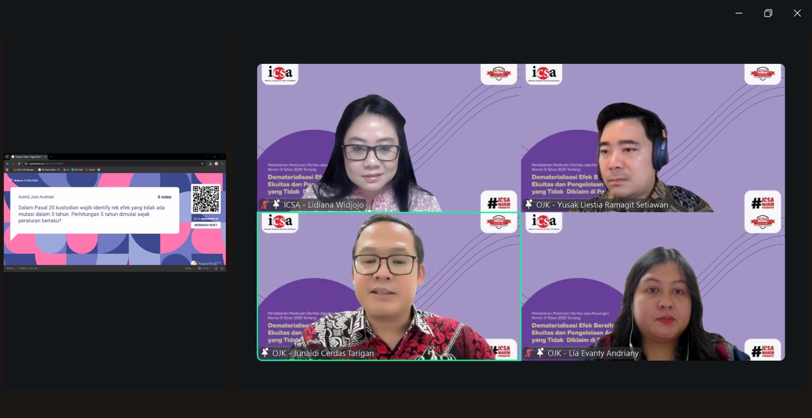 <p><strong>Rabu, 15 Oktober 2025</strong> – Indonesia Corporate Secretary Association (ICSA) adakan <i>webinar </i>“Pendalaman Peraturan Otoritas Jasa Keuangan Nomor 9 Tahun 2025 tentang Dematerialisasi Efek Bersifat Ekuitas dan Pengelolaan Aset yang Tidak Diklaim di Pasar Modal” pada Selasa, (14/10).</p><p><i>Webinar </i>ini bertujuan memberikan pemahaman komprehensif kepada anggota ICSA mengenai implementasi dan implikasi dari regulasi terbaru OJK yang penting diketahui sekretaris perusahaan.</p><p>ICSA menghadirkan tiga narasumber, yaitu Asisten Direktur Madya Otoritas Jasa Keuangan (OJK) Junaidi Cerdas Tarigan, Manajer Madya OJK Yusak Liestia Ramagit Setiawan, dan Asisten Manajer Madya OJK Lia Evanty Andriany.</p><p>Materi para narasumber yaitu tentang mekanisme dematerialisasi efek yaitu proses konversi efek dari bentuk fisik menjadi bentuk elektronik yang mendorong efisiensi dan keamanan transaksi di pasar modal serta prosedur pengelolaan aset yang tidak diklaim yaitu aturan main yang jelas mengenai identifikasi, pelaporan, dan pengelolaan aset-aset (seperti dividen atau hak lain) yang tidak diklaim oleh pemiliknya.</p><p><i>Webinar </i>ini menegaskan komitmen ICSA dalam mendukung profesionalisme sekretaris perusahaan di Indonesia. Dengan memahami POJK 9/2025 secara utuh, diharapkan para peserta dapat memastikan perusahaan mereka patuh terhadap standar dematerialisasi efek dan mengelola aset yang tidak diklaim dengan transparan, efektif, dan sesuai regulasi.</p><br>
                  