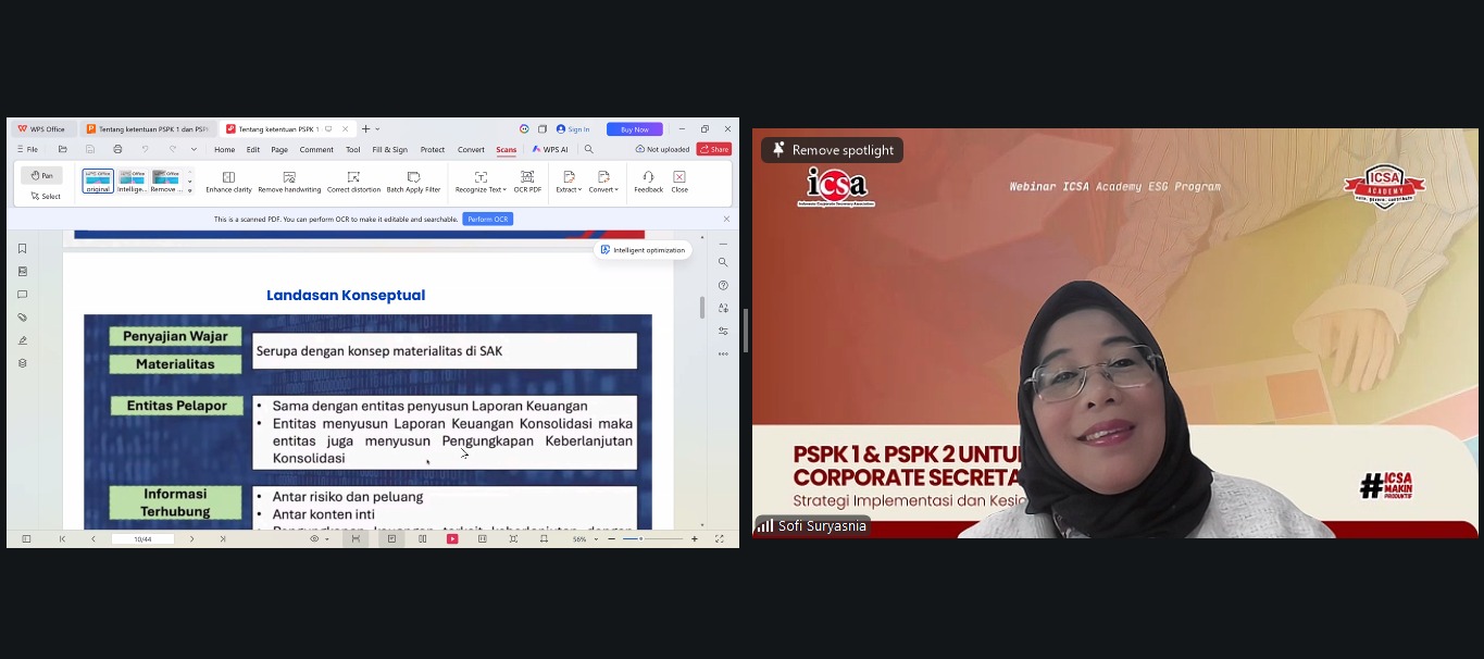 <p><strong>Senin, 6 Juli 2026 </strong>- Untuk membekali perusahaan publik dan emiten dalam menghadapi keselarasan standar pelaporan keberlanjutan di Indonesia dengan standar global, Indonesia Corporate Secretary Association (ICSA) menyelenggarakan <i>webinar</i> bertajuk "PSPK 1 &amp; PSPK 2 untuk Corporate Secretary: Strategi Implementasi dan Kesiapan Emiten," Selasa (30/6).</p><p><i>Webinar</i> ini menghadirkan akademisi sekaligus praktisi kepatuhan, Dr. Sofi Suryasnia, yang saat ini menjabat sebagai Compliance Director PT Asuransi Digital Bersama Tbk serta Anggota Ikatan Akuntan Indonesia (IAI), sebagai narasumber.</p><p>Dalam paparannya, beliau menggarisbawahi bahwa penerbitan PSPK 1 dan PSPK 2 yang mengacu pada IFRS 1 dan IFRS 2 ini merupakan langkah penting untuk meningkatkan transparansi, konsistensi, dan relevansi informasi keberlanjutan bagi para pemangku kepentingan. Beliau pun menekankan pentingnya peran strategis Corporate Secretary dalam mengawal implementasi standar ini, yang menuntut kesiapan tata kelola serta koordinasi lintas fungsi yang kuat di dalam perusahaan. Keterlibatan aktif Corporate Secretary dinilai esensial guna memastikan kualitas keterbukaan informasi sekaligus mendukung kesiapan emiten dalam menghadapi regulasi pelaporan keberlanjutan yang baru.</p><p>Melalui <i>webinar</i> ini, ICSA kembali menegaskan komitmennya dalam membekali para Corporate Secretary di Indonesia dengan wawasan strategis lintas fungsi, demi mewujudkan tata kelola perusahaan yang tangguh, transparan, dan akuntabel di era pembangunan keberlanjutan.</p><br>
                  