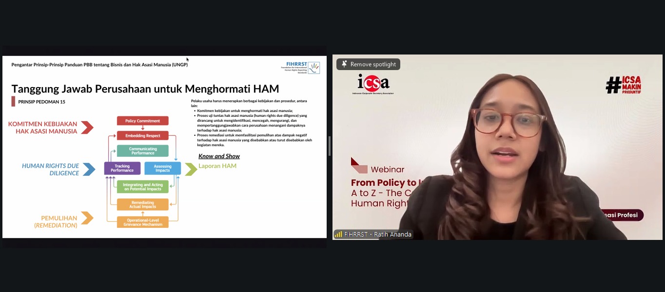 <p><strong>Kamis, 22 Januari 2026 </strong>- Dalam menghadapi lanskap bisnis global yang semakin mengedepankan keberlanjutan, Indonesia Corporate Secretary Association (ICSA) mengadakan <i>webinar</i> bertajuk "From Policy to Implementation: A to Z - The Corsec’s Guide to Mastering Human Rights Due Diligence" pada Senin, (19/1).</p><p><i>Webinar</i> yang mengundang Programme Coordinator Business and Human Rights FIHRRST Ratih Ananda Putri sebagai narasumber ini menekankan bahwa kebijakan HAM bukan lagi sekadar dokumen formal, melainkan instrumen yang esensial pada tata kelola perusahaan. Bagi seorang <i>Corporate Secretary</i> , perhatian terhadap isu HAM menjadi kunci untuk memperkuat kepatuhan terhadap standar internasional sekaligus menjaga kepercayaan pemangku kepentingan.</p><p>Melalui <i>webinar </i>ini, ICSA berharap para anggotanya dapat bertransformasi menjadi katalisator dalam penerapan HAM di perusahaan Indonesia, memastikan perusahaan tidak hanya berorientasi pada profit, tetapi juga menjunjung tinggi martabat manusia dalam setiap kebijakan dan praktiknya.</p><br>
                  