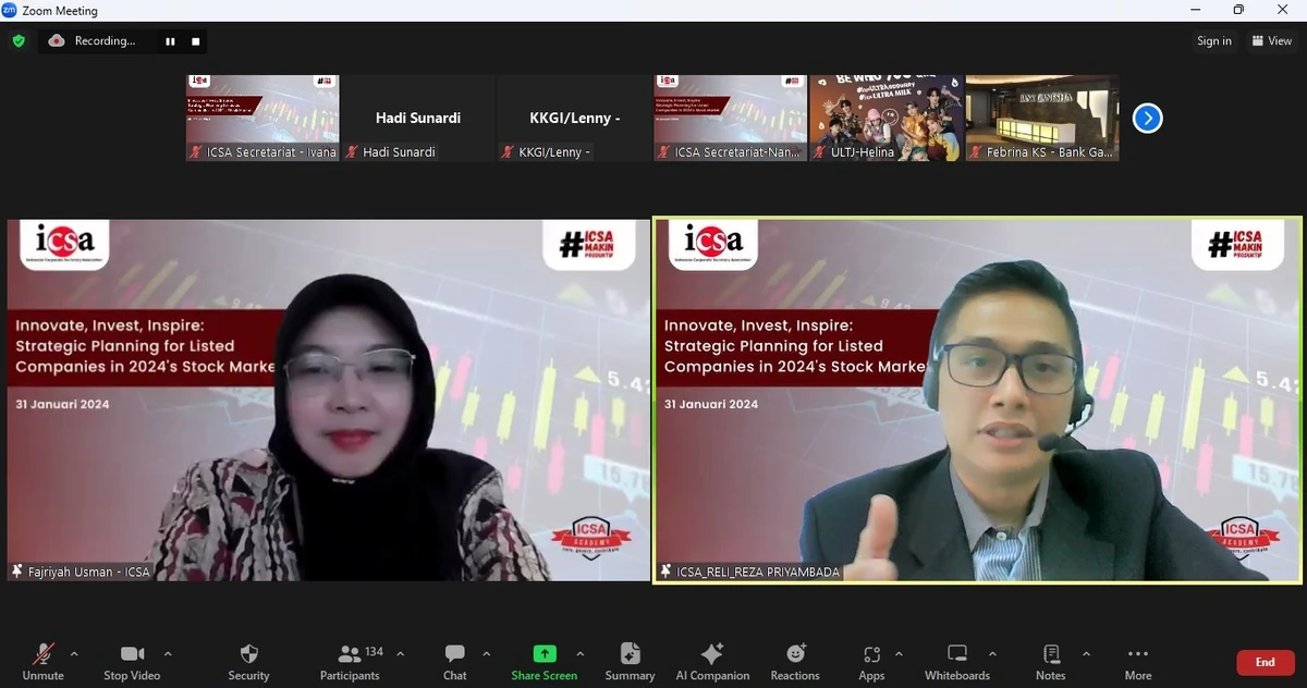 Rabu, 7 Februari 2024 – Pada Rabu (31/1), Indonesia Corporate Secretary Association (ICSA) mengadakan webinar non-regulatory dengan tema “Innovate, Invest, Inspire: Strategic Planning for Listed Companies in 2024's Stock Market”. Reza Priyambada selaku Investment Consultant PT Reliance Sekuritas Indonesia Tbk menjadi narasumber pada webinar tersebut yang dihadiri lebih dari 130 peserta.

Webinar ini membahas tentang peran sekretaris perusahaan yang sangat strategis, salah satunya memperluas jejaring dan meningkatkan sinergi antar pemangku kepentingan dan investor. Peran tersebut sangat strategis bagi perusahaan sebagai indikator kinerja perusahaan. Fluktuasi harga saham akan mencerminkan keyakinan pasar terhadap potensi peningkatan kinerja perusahaan di masa depan.

Dengan diadakannya webinar ini, ICSA berharap peserta yang hadir bisa mengidentifikasi arah pasar saham di tahun 2024 dan memahami pengembangan dan prospek pasar saham di tahun 2024 bagi emiten atau perusahaan tercatat.<br>
                  