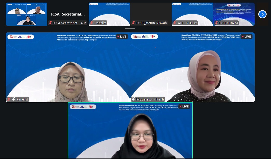 <p><strong>Rabu, 15 April 2026 </strong>– Untuk mendukung kepatuhan emiten dalam melakukan transaksi material dan transaksi afiliasi, Otoritas Jasa Keuangan (OJK) berkolaborasi dengan Indonesia Corporate Secretary Association (ICSA) dan Asosiasi Emiten Indonesia (AEI) menyelenggarakan<i> webinar regulatory </i>bertema "Sosialisasi POJK No. 17/POJK.04/2020 &amp; POJK No. 42/POJK.04/2020," Rabu (15/4). Acara ini dibuka oleh Kepala Direktorat Pengaturan dan Standar Akuntansi Pasar Modal OJK Halim Haryono.</p><p><i>Webinar </i>menghadirkan tiga narasumber ahli dari OJK yaitu Manajer Senior Direktorat Pengaturan dan Standar Akutansi Pasar Modal, Keuangan Derivatif dan Bursa Karbon Alieta Lestariwandari, Pengawas Divisi Pengawasan Emiten dan Perusahaan Publik 1.3 Iffatun Niswah, serta Pengawas Divisi Pengawasan Emiten dan Perusahaan Publik 1.3 Avshanti Kusmala Devi. Pembahasan difokuskan pada pemahaman teknis mengenai tata cara transaksi material, perubahan kegiatan usaha, serta penanganan transaksi afiliasi dan benturan kepentingan agar tetap sesuai dengan regulasi pasar modal terkini.</p><p>Melalui <i>webinar regulatory</i> ini, ICSA berharap para<i> corporate sercretary</i> dapat meningkatkan kepatuhan dan memastikan keterbukaan informasi berjalan optimal demi perlindungan pemegang saham. Hal ini sejalan dengan komitmen ICSA dalam meningkatkan kompetensi profesional anggotanya.</p><br>
                  