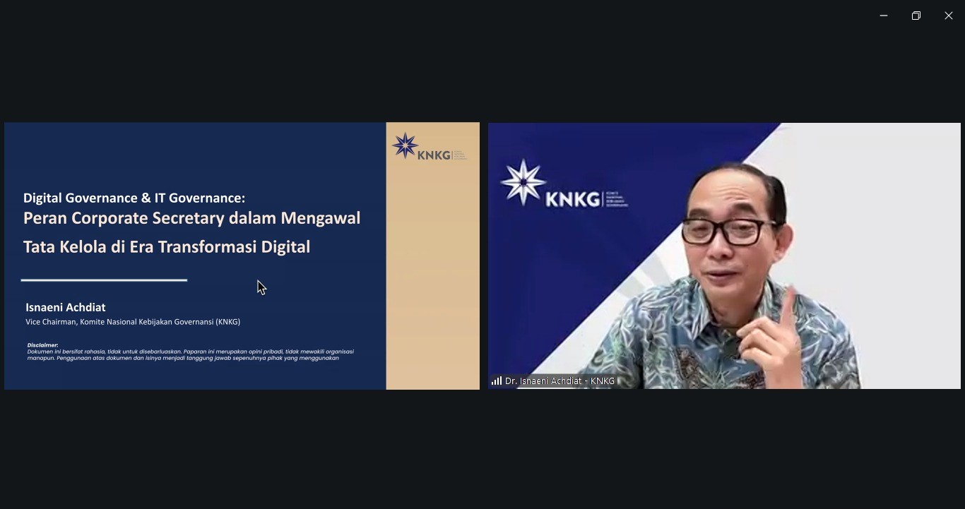 <p><strong>Selasa, 7 April 2026</strong> – Mengingat pesatnya transformasi digital dan pemanfaatan Kecerdasan Buatan atau <i>Artifical Intelligence</i> (AI) untuk menunjang bisnis perusahaan, Indonesia Corporate Secretary Association (ICSA) menyelenggarakan webinar bertajuk "<i>Digital Governance</i> dan <i>AI Governance</i>: Peran Corporate Secretary dalam Mengawal Tata Kelola di Era Transformasi Digital," Selasa (7/4).</p><p><i>Webinar</i> ini menghadirkan Vice Chairman Komite Nasional Kebijakan Governansi (KNKG) Isnaeni Achdiat Vice Chairman Komite Nasional Kebijakan Governansi (KNKG), sebagai narasumber utama.</p><p>Dalam paparannya, Isnaeni menjelaskan mengenai peran strategis <i>corporate secretary</i> dalam memastikan pemanfaatan teknologi digital dan AI tetap selaras dengan prinsip <i>Good Corporate Governance</i> (GCG). Beliau menekankan pentingnya pengawasan dan manajemen risiko terhadap potensi bias algoritma serta pelanggaran data pribadi yang dapat berdampak pada reputasi dan kepatuhan perusahaan. Lebih lanjut, Isnaeni menyoroti bahwa transparansi dan akuntabilitas dalam tata kelola digital menjadi kunci utama dalam menjaga kepercayaan investor di tengah disrupsi teknologi yang semakin masif.</p><p>Melalui <i>webinar</i> ini, ICSA terus berkomitmen menjadi garda terdepan dalam mendukung profesionalisme corporate secretary di Indonesia, khususnya dalam menghadapi tantangan tata kelola perusahaan yang semakin kompleks di era digital.</p><br>
                  
