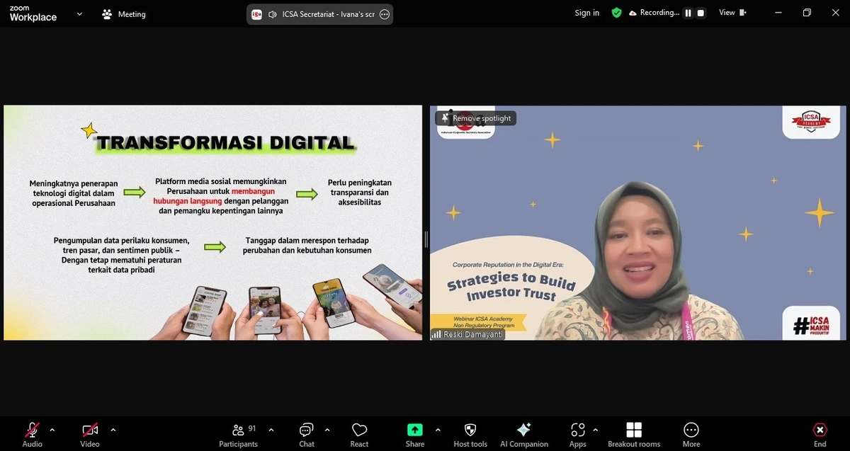 Kamis, 27 Februari 2025 - Indonesia Corporate Secretary Association (ICSA) mengadakan webinar dengan tema "Corporate Reputation in the Digital Era: Strategies to Build Investor Trust" pada Rabu, (26/2). Webinar tersebut dihadiri oleh lebih dari 100 peserta dan mengundang Chief Legal & Regulatory Officer PT Indosat Tbk Reski Damayanti sebagai narasumber.

Dalam webinar, narasumber membahas tentang pentingnya reputasi korporasi dalam era digital dan dampaknya terhadap perusahaan, serta strategi membangun dan mempertahankan kepercayaan investor melalui komunikasi yang efektif. Narasumber juga membahas peran sekretaris perusahaan dalam mengelola reputasi dan menangani krisis di era digital. Beliau pun memberikan informasi secara praktis dalam monitoring media, manajemen isu, dan pengelolaan komunikasi digital.

Dengan diadakannya webinar ini, diharapkan peserta yang hadir dapat memahami strategi mempertahankan reputasi korporasi di era digital guna menunjang tata kelola perusahaan yang baik dan membangun kepercayaan investor.<br>
                  