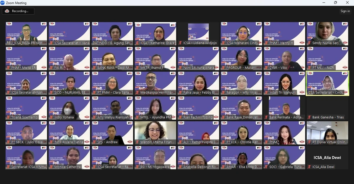 Selasa, 11 Juni 2024 – Indonesia Corporate Secretary Association (ICSA) mengadakan Workshop ICSA Corporate Governance (CG) Officer Batch 10, Selasa-Kamis, 4-6 Juni 2024 secara online. Narasumber pada workshop tersebut, antara lain Senior Manager GRC Consulting Practice RSM Indonesia Gede Adhi Wijana, Notaris Aulia Taufani, Vice President Corporate Secretary PT Bukalapak.com Tbk Cut Fika Lutfi, Presiden Direktur PT Datindo Entrycom Ester Agung Setiawati, Corporate Secretary PT Indika Energy Tbk Adi Pramono, Group Head of Corporate Secretary PT XL Axiata Tbk Ranty Astari Rachman, Corporate Secretary & CSR Head PT Campina Ice Cream Industry Tbk Sagita Melati, dan ESG Implementation & Communications Department Head, ESG Division PT Bank Rakyat Indonesia Tbk Tegar.

Terdapat beberapa topik yang dibahas narasumber, yaitu prinsip tata kelola perusahaan, effective board meeting, pemegang saham, laporan tahunan dan laporan keberlanjutan, direksi dan dewan komisaris, keterbukaan informasi, dan kompetensi sekretaris perusahaan. 

Sejalan dengan tujuan ICSA untuk terus memenuhi kebutuhan sekretaris perusahaan di Indonesia, workshop yang diikuti lebih dari 60 peserta tersebut diharapkan bisa meningkatkan kompetensi sekretaris perusahaan dan profesi pendukungnya.

Jangan khawatir apabila Anda terlewat mengikuti workshop ini! ICSA akan terus mengadakan pelatihan-pelatihan yang bermanfaat untuk corporate secretary dan profesi pendukungnya.<br>
                  