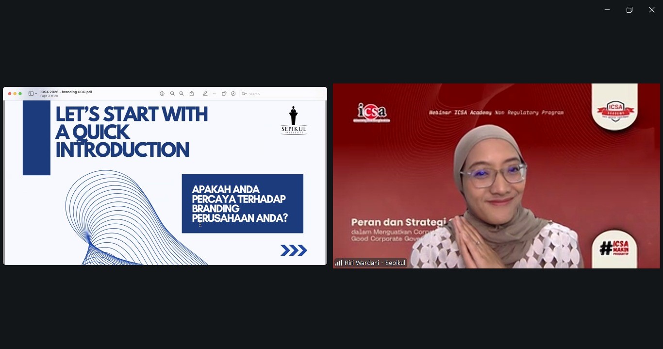 <p><strong>Jumat, 13 Februari 2026</strong> – Di tengah tuntutan transparansi yang semakin tinggi, peran sekretaris perusahaan menjadi pilar strategis dalam memenuhi kepatuhan dan membangun reputasi perusahaan. Menyadari urgensi tersebut, Indonesian Corporate Secretary Association (ICSA) mengadakan <i>webinar </i>berjudul "Peran dan Strategi Corporate Secretary dalam Menguatkan <i>Corporate Branding</i> yang Kredibel melalui Good Corporate Governance," pada Kamis, (12/2).</p><p><i>Webinar</i> ini menyoroti bagaimana penerapan Good Corporate Governance (GCG) bukan hanya sekadar pemenuhan regulasi, melainkan juga sebagai fondasi utama dalam menciptakan citra korporasi yang kredibel. Sebagai sosok yang berada di titik temu antara aspek tata kelola dan komunikasi, sekretaris perusahaan dituntut mampu merancang strategi komunikasi yang efektif untuk meningkatkan kepercayaan pemangku kepentingan.</p><p>Hadir sebagai narasumber, CEO dan Founder Sepikul Institute Riri Wardani memaparkan bahwa kredibilitas sebuah merek korporat lahir dari konsistensi antara nilai-nilai tata kelola yang dijalankan secara internal dengan pesan yang disampaikan ke publik.</p><p>Melalui <i>webinar</i> ini, ICSA kembali menegaskan komitmennya untuk terus memperkuat kapasitas para anggotanya. Dengan membekali peserta dengan wawasan non-regulasi seperti strategi <i>branding </i>dan komunikasi, diharapkan sekretaris perusahaan Indonesia mampu menghadapi tantangan bisnis yang semakin kompleks dengan lebih percaya diri.</p><br>
                  