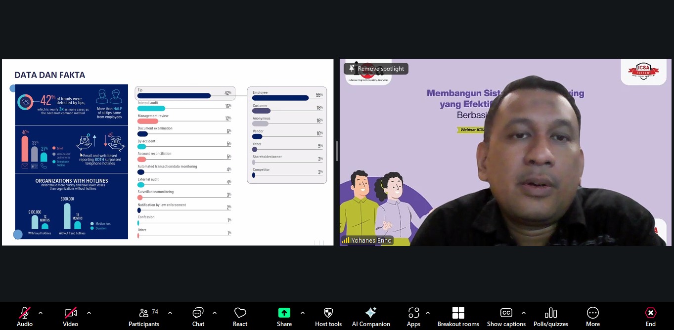 <p><strong>Rabu, 24 Desember 2025</strong> – Indonesia Corporate Secretary Association (ICSA) mengadakan <i>webinar</i> dengan topik “Membangun Sistem <i>Whistleblowing</i> yang Efektif dan Berintegritas Berbasis ISO 37002:2021” pada Senin, (1/12). Acara ini menghadirkan Wakil Direktur Pendidikan dan Pelatihan The Indonesia Internal Audit Community (IIAC) dan Internal Audit Manager PT Bara Alam Utama Yohanes Enho sebagai narasumber utama.</p><p>Dalam pemaparannya, Yohanes menekankan penerapan sistem pelaporan pelanggaran (<i>whistleblowing system</i>) yang merupakan pilar krusial dalam tata kelola perusahaan yang baik. Jalur pelaporan yang aman dan kredibel tidak hanya berfungsi untuk mengungkap potensi pelanggaran sejak dini, tetapi juga berperan vital dalam menjaga integritas serta meningkatkan kepercayaan publik terhadap perusahaan.</p><p><i>Webinar</i> ini merupakan bagian dari upaya ICSA dalam membekali praktisi sekretaris perusahaan dan profesional tata kelola dengan kompetensi terkini. Dengan memahami standar ISO 37002:2021, peserta <i>webinar </i>diharapkan untuk dapat mendukung terciptanya lingkungan kerja yang lebih transparan dan akuntabel guna mendukung keberlanjutan bisnis jangka panjang.</p><br>
                  
