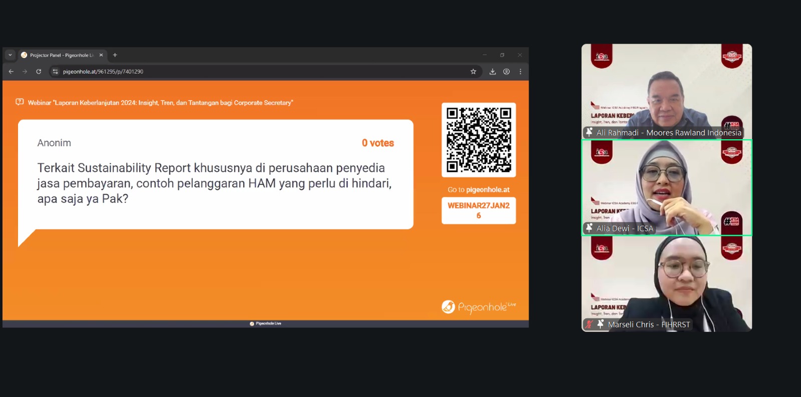 <p><strong>Selasa, 27 Januari 2026</strong> – Untuk mendukung peningkatan kualitas Sustainability Report perusahaan terbuka, Indonesian Corporate Secretary Association (ICSA) mengadakan <i>webinar</i> bertajuk "Laporan Keberlanjutan 2024: Insight, Tren, dan Tantangan bagi Corporate Secretary" pada Selasa, (27/1).</p><p>Acara ini menghadirkan Division Head of Sustainability Services Moores Rowland Indonesia Ali Rahmadi, sebagai narasumber utama. Webinar ini menjadi sarana bagi para profesional khususnya sekretaris perusahaan untuk semakin memahami penyusunan Sustainability Report yang menuntut transparansi kinerja keberlanjutan perusahaan terbuka.</p><p>Dalam pemaparannya, Ali Rahmadi menekankan bahwa pengungkapan ESG (Environmental, Social, and Governance) kini telah bertransformasi. Sustainability Report tidak lagi dipandang hanya sebagai kewajiban administratif berupa kepatuhan regulasi, melainkan juga cerminan dari kualitas tata kelola dan strategi jangka panjang perusahaan.</p><p>FIHRRST &amp; Moores Rowland merilis studi mengenai tren dan praktik terbaik yang dilakukan oleh perusahaan terbuka di Indonesia berdasarkan Sustainability Report tahun 2024. Selain menganalisis pemenuhan kewajiban dan framework Sustainability Report perusahaan terbuka, studi tersebut juga menyampaikan bahwa investor semakin kritis dalam menilai integritas data keberlanjutan sebelum mengambil keputusan investasi.</p><p>Dengan terselenggaranya <i>webinar</i> ini, ICSA kembali menegaskan komitmennya dalam memperkuat kompetensi para sekretaris perusahaan di Indonesia agar senantiasa relevan dengan dinamika pasar global dan prinsip keberlanjutan.</p><br>
                  