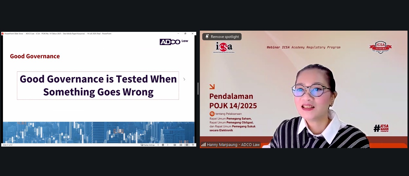 <p><strong>Selasa, 14 Juli 2026</strong> – Sebagai <i>refreshment</i> atas salah satu kewajiban utama emiten atau perusahaan terbuka, Indonesia Corporate Secretary Association (ICSA) mengadakan <i>webinar</i> berjudul "Pendalaman POJK 14/2025 tentang Pelaksanaan Rapat Umum Pemegang Saham, Rapat Umum Pemegang Obligasi, dan Rapat Umum Pemegang Sukuk secara Elektronik," Selasa (14/7).</p><p>Pada<i> webinar</i> ini, ICSA menghadirkan Partner dari ADCO Law Hanny Marpaung untuk membedah peta hukum penyelenggaraan Rapat Umum Pemegang Saham (RUPS), Rapat Umum Pemegang Obligasi (RUPO), dan Rapat Umum Pemegang Sukuk (RUPSu) secara elektronik.</p><p>Dalam paparannya, narasumber mengupas berbagai isu krusial yang menyelimuti implementasi aturan ini, mulai dari dinamika pengaturan, potensi implikasi hukum yang membayangi, hingga instrumen pemenuhan kewajiban perusahaan. Ia pun menekankan bahwa aspek kepatuhan menjadi jangkar utama bagi <i>Corporate Secretary </i>untuk memastikan rapat sah dan efektif.</p><p>Peraturan mengenai penyelenggaraan RUPS, RUPO, dan RUPSu secara elektronik ini merupakan upaya OJK dalam menyediakan landasan hukum bagi pemanfaatan akses digital oleh pemegang saham maupun pemegang obligasi dan sukuk dalam pelaksanaan rapat. Oleh karena itu, pemahaman yang baik dari <i>Corporate Secretary</i> pun menjadi penting agar perusahaan dapat mewujudkan transparansi kepada pemegang saham maupun pemegang obligasi dan sukuk.</p><p>Melalui pelaksanaan <i>webinar</i> ini, ICSA berharap peserta yang hadir dapat semakin siap dalam menjalankan kebijakan modernisasi pasar modal. Langkah edukasi secara berkelanjutan diharapkan mampu mendorong emiten dan pelaku usaha di Indonesia untuk terus tumbuh secara aman, kokoh, dan patuh pada koridor tata kelola yang baik.</p><br>
                  